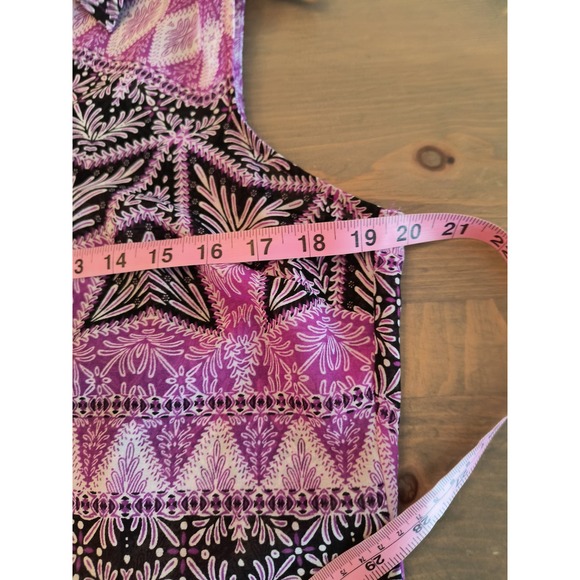 Attention Sleeveless Button up Top Women's Size L Purple black Print Hi Low hem - Picture 6 of 10